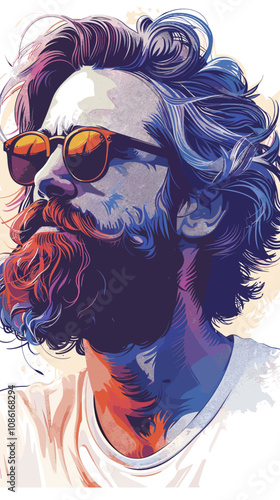 Man with a beard and sunglasses is the main subject of the image. The sunglasses are positioned above his nose, and his hair is styled in a way that makes him look cool and confident