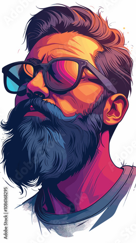 Man with a beard and sunglasses is the main subject of the image. The sunglasses are positioned above his nose, and his hair is styled in a way that makes him look cool and confident
