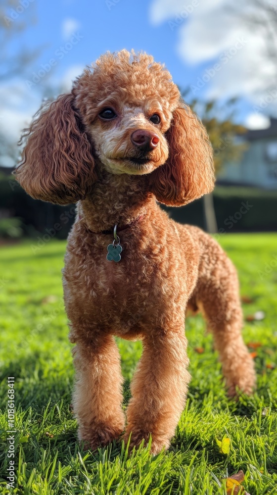 Close-up of a miniature poodle with curly fur, wearing a collar, standing on fresh green grass in a sunny garden during a bright day. Close-up of a miniature poodle with curly fur, wearing a collar, standing on fresh green grass in a sunny garden during a bright day.