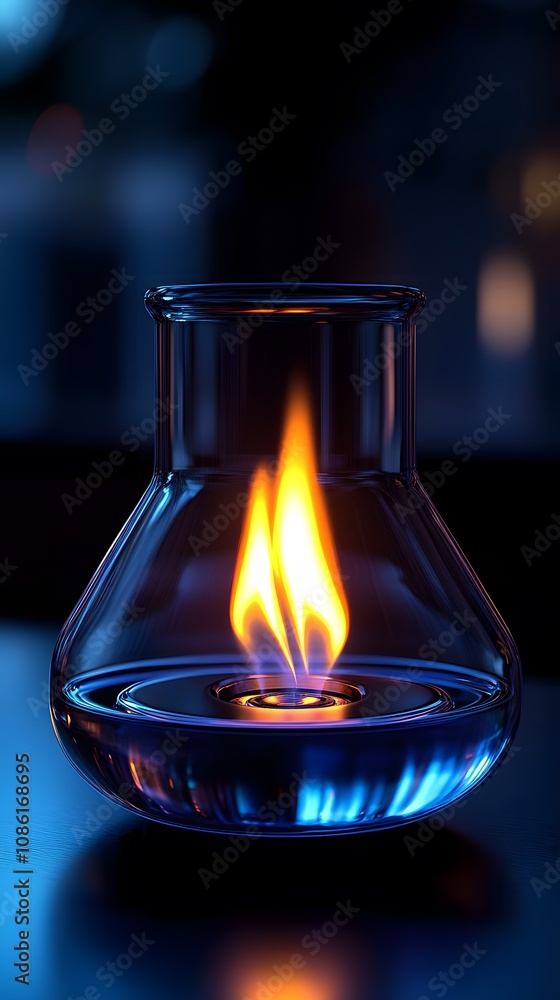 A glass beaker with a flame, showcasing a scientific experiment or demonstration. A glass beaker with a flame, showcasing a scientific experiment or demonstration.