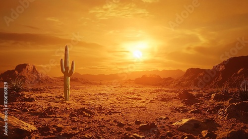 Serene Desert Sunset: A Saguaro Cactus Stands Alone in the Golden Light