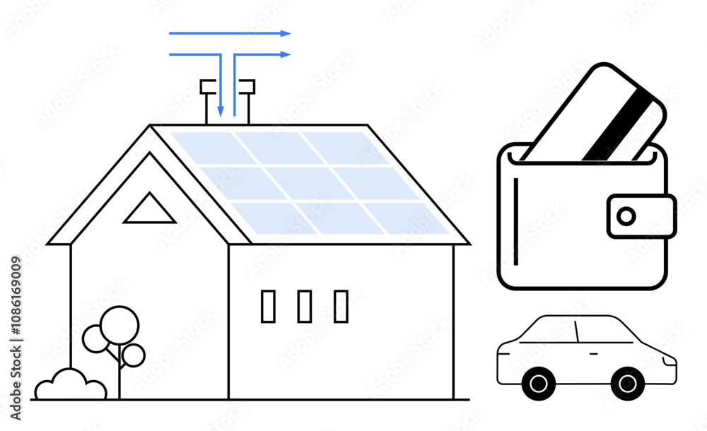 Sustainable house with solar panels, wallet holding credit card, and car representing eco-friendly lifestyle. Ideal for renewable energy, green living, financial management, eco-transportation, smart Sustainable house with solar panels, wallet holding credit card, and car representing eco-friendly lifestyle. Ideal for renewable energy, green living, financial management, eco-transportation, smart