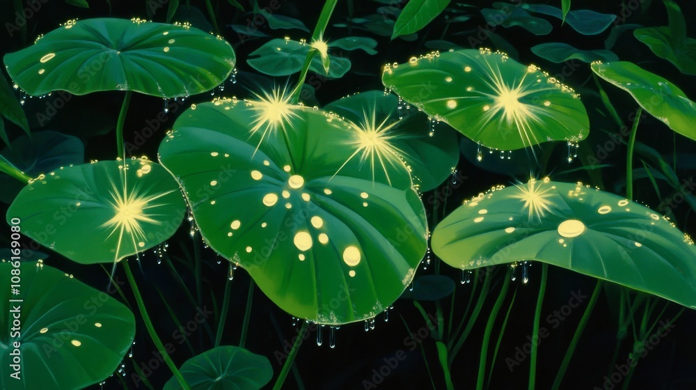 Naklejka premium Dewy Leaves with Sparkling Water Drops at Night