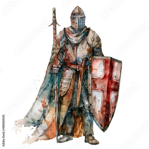 A watercolor clipart of a Medieval Knight with a Shield, isolated on a white background. Medieval Knight with a Shield vector.