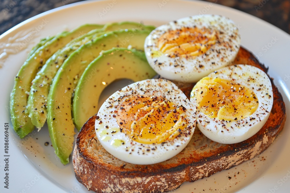 Delicious Breakfast: Toast with Hard-Boiled Eggs and Avocado Slices Delicious Breakfast: Toast with Hard-Boiled Eggs and Avocado Slices