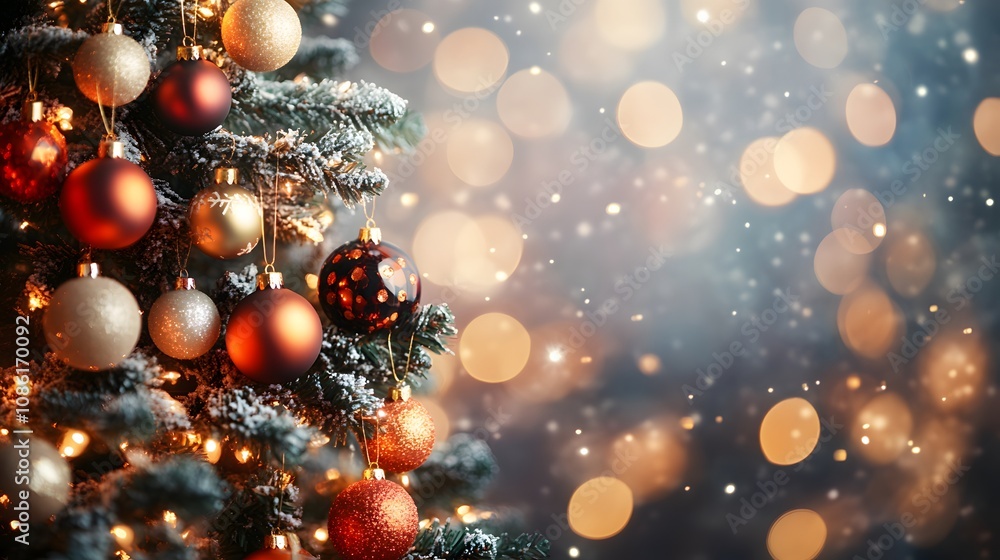 Decorated Christmas Tree with Ornaments and Lights against a Blurred Background Decorated Christmas Tree with Ornaments and Lights against a Blurred Background