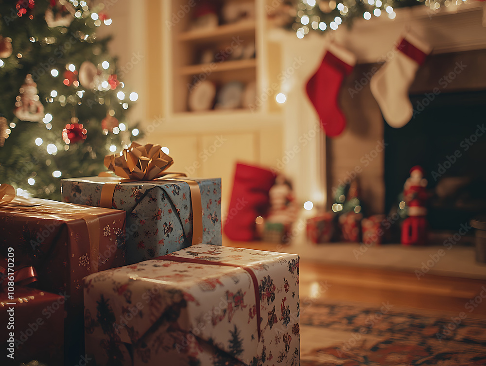 Cozy and festive interior with glowing Christmas tree Cozy and festive interior with glowing Christmas tree