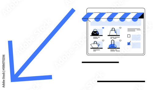 Digital storefront with blue awning, tablet display of handbag products with wishlist hearts, cart icon. Ideal for online shopping, e-commerce, digital marketing, fashion retail, UIUX design, product