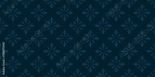 Vector geometric floral seamless pattern. Simple dark blue luxury texture in oriental style. Abstract minimal background with flower silhouettes, diamond shapes, stars, snowflakes. Repeated design