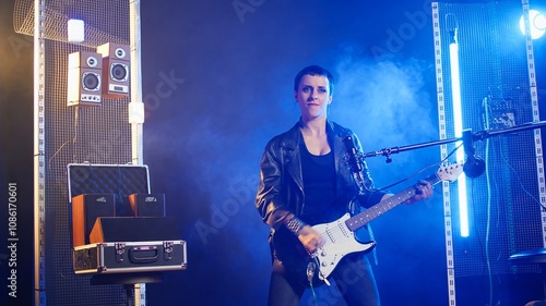 Female rock performer belts out lyrics in a thrash metal concert, showing her powerful voice and rebellious attitude captivating the crowd. Rock star doing a fierce music performance. Camera A. photo