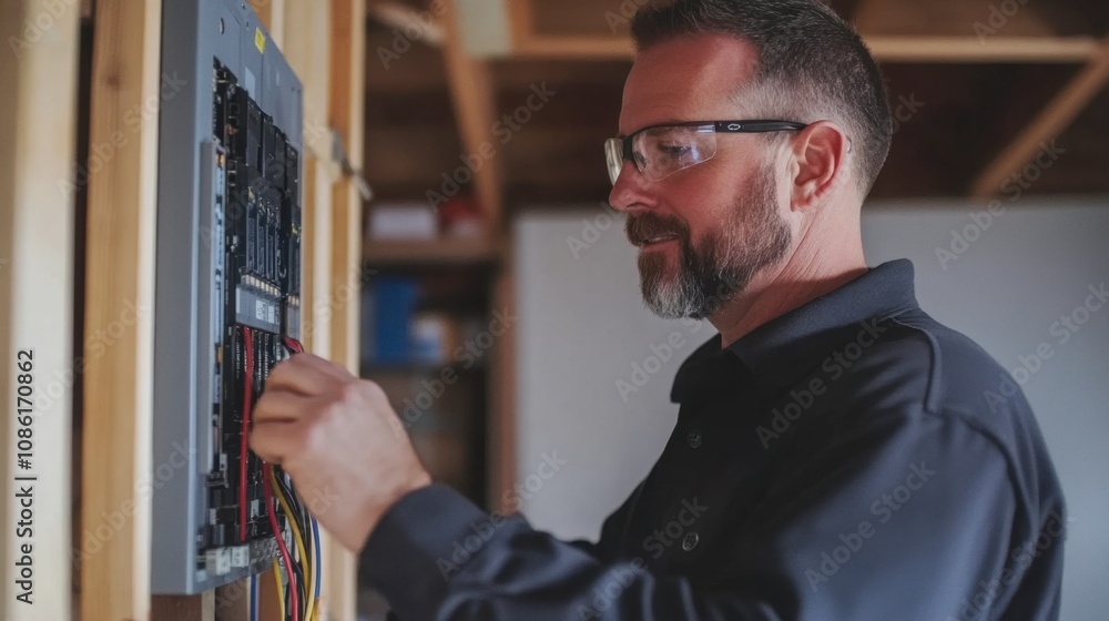 Electrician Working on Circuit Breaker Panel Electrician Working on Circuit Breaker Panel