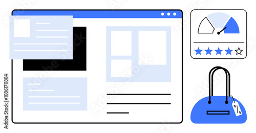 E-commerce website layout with shopping cart, product review, rating meter, and blue handbag. Ideal for online shopping, product reviews, user ratings, digital marketplace, retail customer feedback
