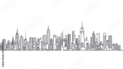 A modern line drawing a city skyline on a white background, suitable for minimalistic decor