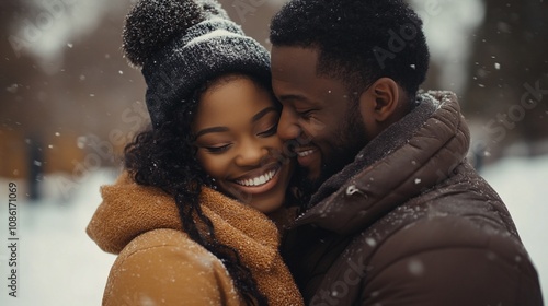 Happy affectionate couple embracing in snowy winter.