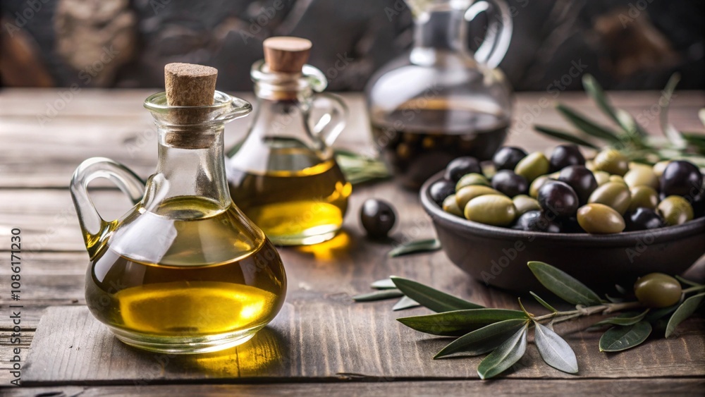 A jar of olive oil and olives. A jar of olive oil and olives.
