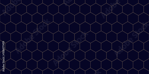 Hexagon grid vector seamless pattern. Subtle gold lines texture, thin minimalist lattice, mesh, net, honeycomb, hexagons. Abstract minimal gold and black geometric basic background. Luxury geo design