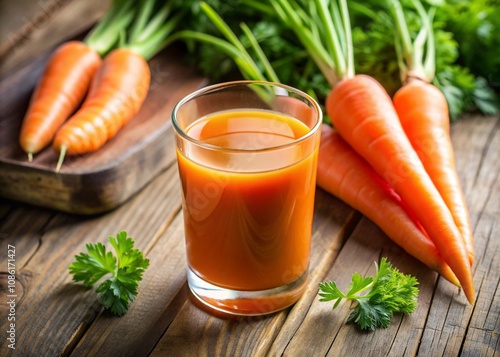 Carrot juice in glass on wooden table, natural drink