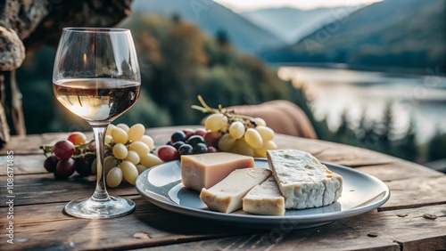 Glass and bottle of red wine with cheese. photo