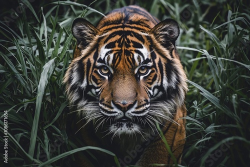 Majestic Tiger Staring Intently Through Lush Green Grass