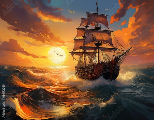 a pirate ship sails through rough seas at sunset the ship s sail is billowing in the wind and the sun is setting in the distance casting a golden glow over the water the scene is both beautiful an photo