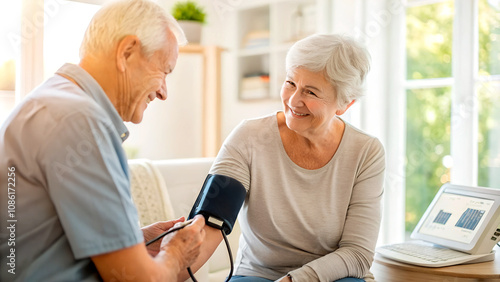 Senior Health Care. Blood Pressure. Two seniors monitoring blood pressure at home.