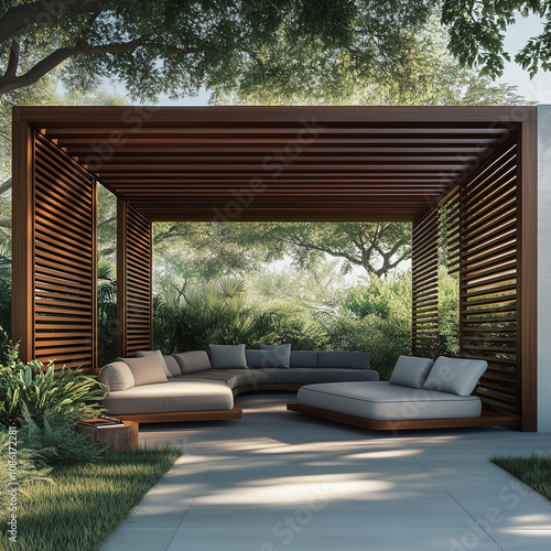 A black metal modern garden canopy with cream fabric, set in the corner of an outdoor terrace with sofas and plants, photorealistic. an elegantly designed outdoor living space