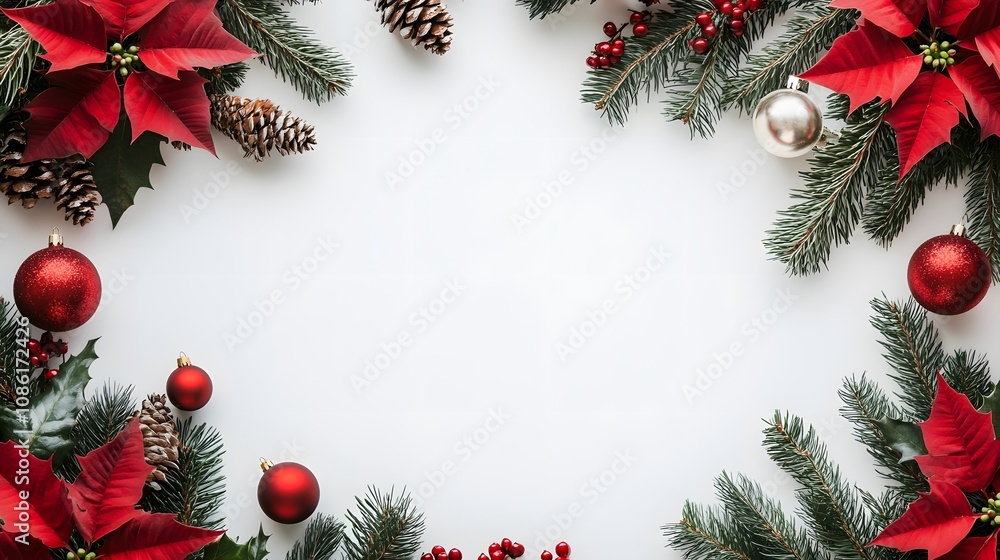 Christmas Ornament Border with Red Poinsettia and Pine Branches Christmas Ornament Border with Red Poinsettia and Pine Branches