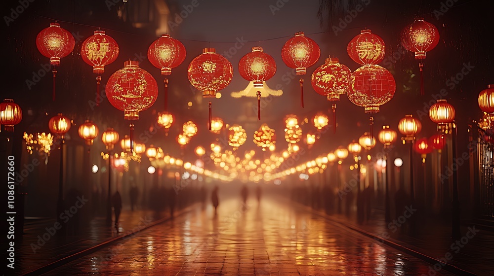 Festive red lanterns illuminate a bustling street during a night festival. Festive red lanterns illuminate a bustling street during a night festival.