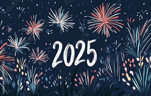 Illustration of fireworks for New Year 2025 on a blue background