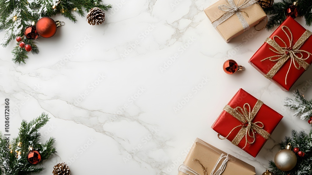 Christmas Presents and Ornaments on a Marble Background Christmas Presents and Ornaments on a Marble Background