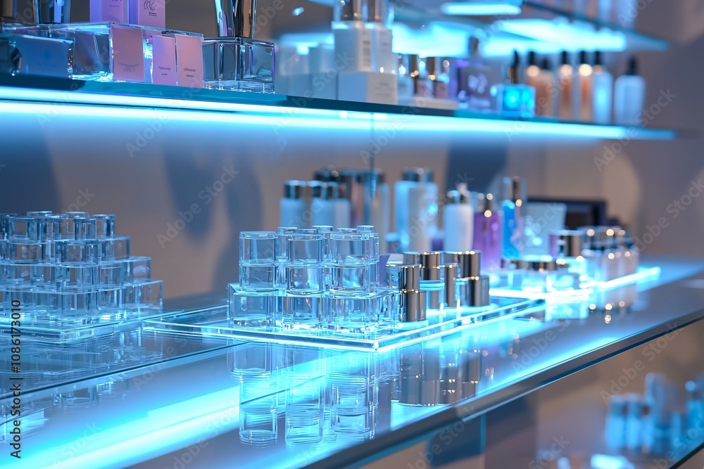 Stylish Display of Skincare and Fragrance Products Under LED Lighting Stylish Display of Skincare and Fragrance Products Under LED Lighting