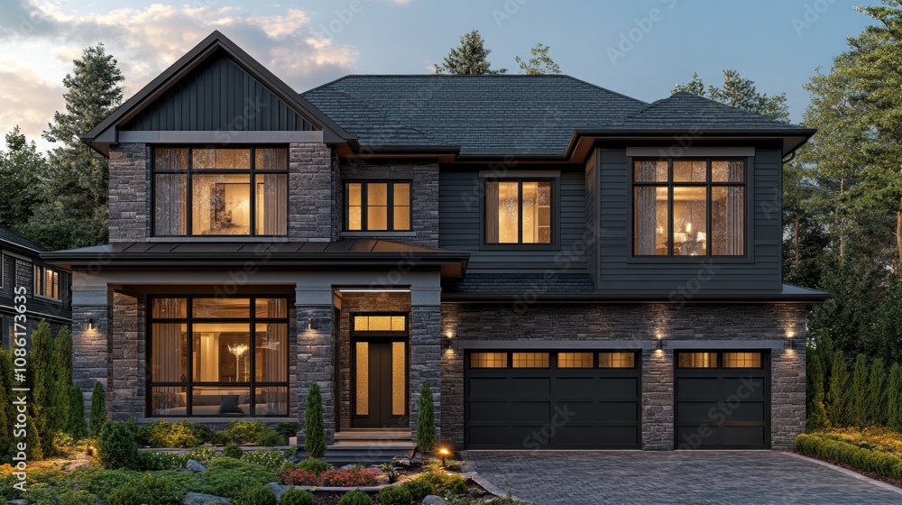 Modern two-story home with stone accents and landscaped surroundings. Modern two-story home with stone accents and landscaped surroundings.