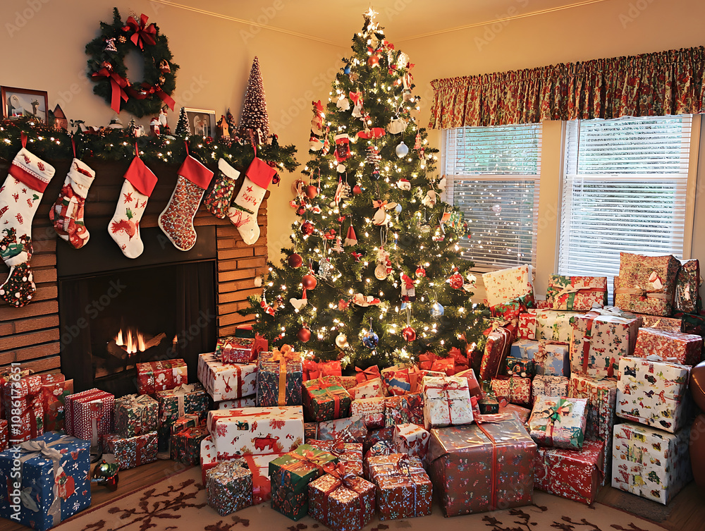 Cozy and festive interior with glowing Christmas tree Cozy and festive interior with glowing Christmas tree
