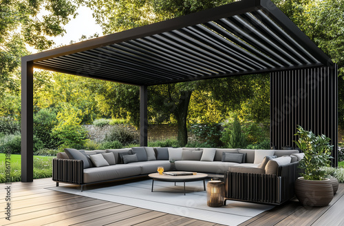 : A black metal modern garden canopy with cream fabric, set in the corner of an outdoor terrace with sofas and plants, photorealistic. an elegantly designed outdoor living space photo