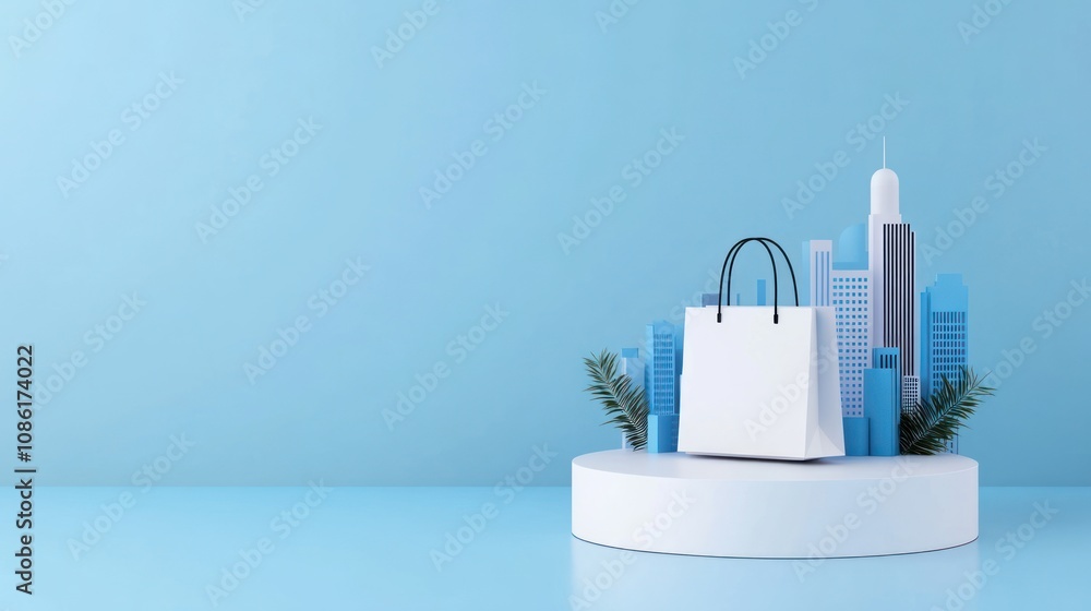 A minimalist display featuring a shopping bag and city skyline. A minimalist display featuring a shopping bag and city skyline.