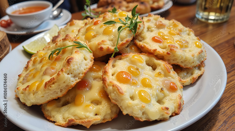 Cheesy baked snacks with colorful toppings served on a white plate Cheesy baked snacks with colorful toppings served on a white plate