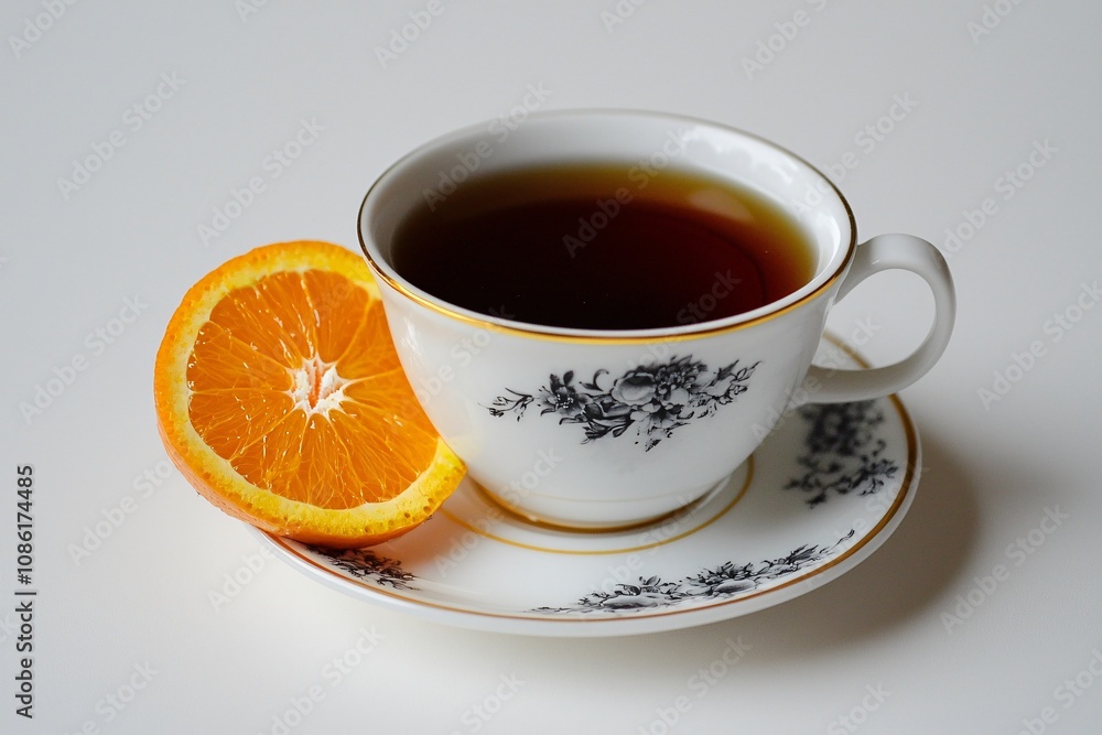 Elegant Tea Cup with Orange Slice on White Background Elegant Tea Cup with Orange Slice on White Background