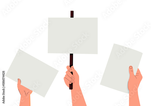 Blank paper sheets in hands set. Holding sign boards, showing advertising backgrounds, clean cards. Arms with papers