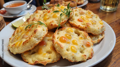 Cheesy baked snacks with colorful toppings served on a white plate