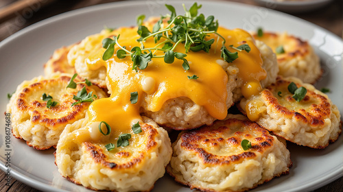 Cheesy potato cakes with hollandaise sauce and microgreens