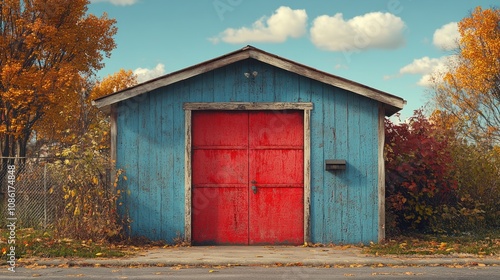 A rustic blue shed with a red door surrounded by autumn foliage. photo