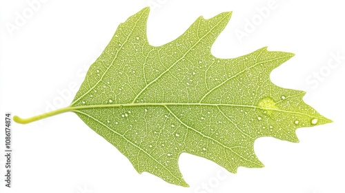 Fresh Green Leaf with Water Droplets on a White Background