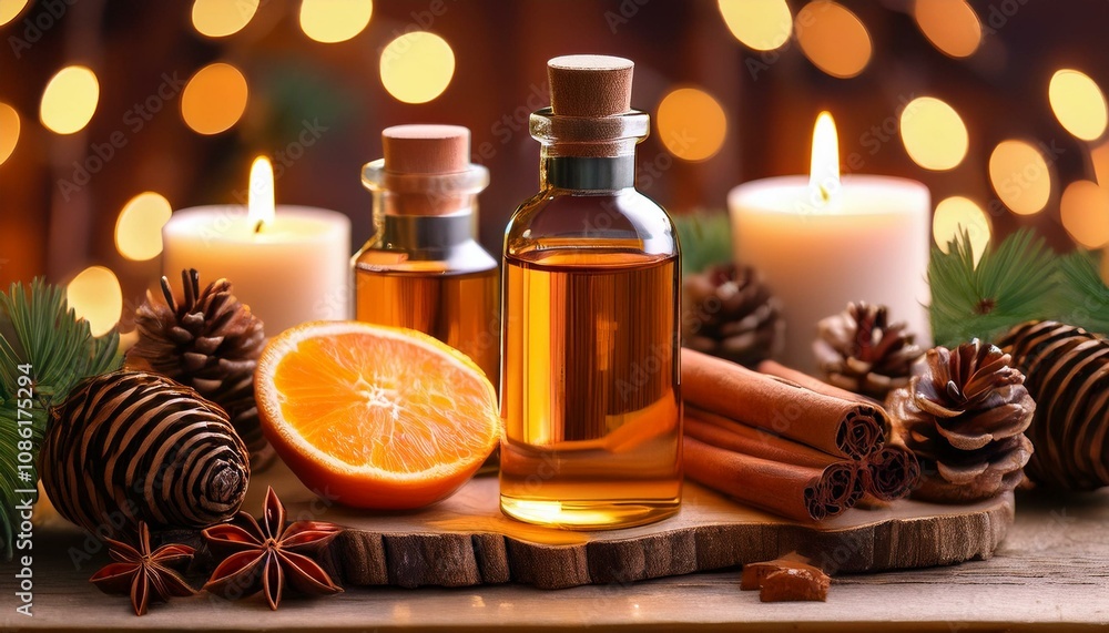 festive scene with essential oils dried orange and cinnamon sticks surrounded by pinecones and twinkling lights for a cozy atmosphere festive scene with essential oils dried orange and cinnamon sticks surrounded by pinecones and twinkling lights for a cozy atmosphere