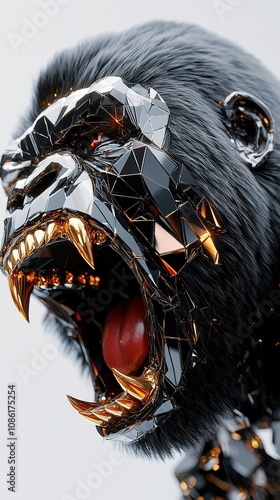 A Metallic Gorilla Roaring With Golden Teeth photo