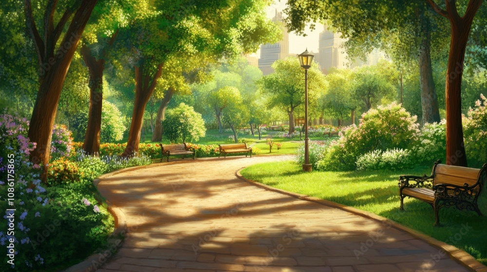 Fototapeta premium Serene Pathway Through Lush Green Park
