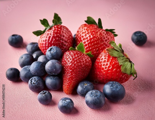 juicy close up strawberries blackberries and blueberries on pink background