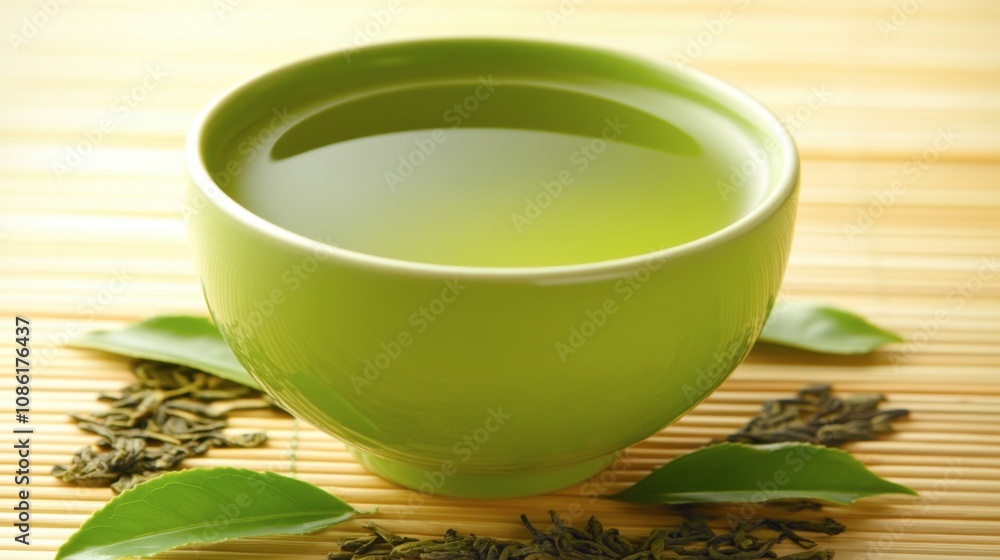 Fresh Green Tea in a Bowl with Leaves