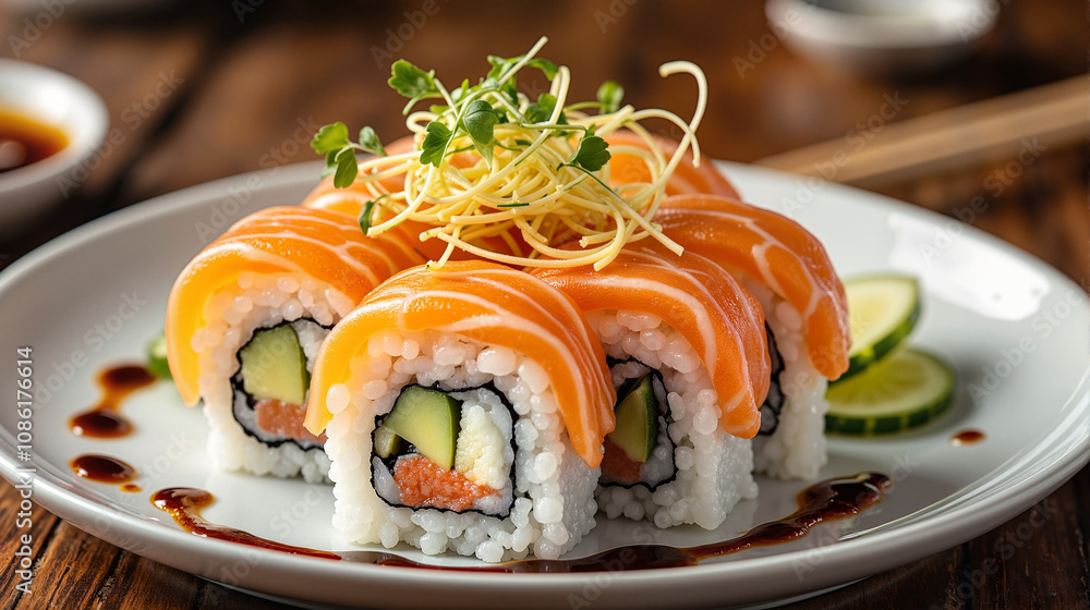 Salmon sushi rolls garnished with microgreens on white plate Salmon sushi rolls garnished with microgreens on white plate