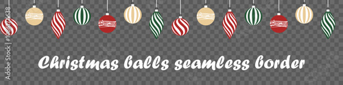 Christmas balls seamless border. an endless background of hanging colorful Christmas decorations. isolated on a checkered background. graphic element for the design, card, backdrop, website header