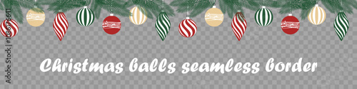 Christmas balls seamless border. an endless texture of hanging colorful Christmas decorations, fir branches. isolated on a checkered background. element for the design, card, backdrop, website header